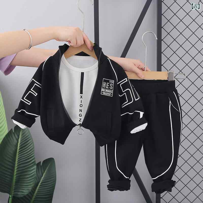 キッズ 男の子 男児 ベビー 韓国風 ジップアップ羽織り ロングスウェットパンツ 3点セット 長袖 春秋 無地 コットン カジュアル 普段着 黒 緑 灰 セットアップ