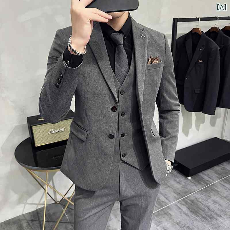 スーツ メンズ 男性用 春秋 スリムフィット 細身 韓国風 ビジネス フォーマル 礼服 セレモニー カジュアル 無地 大きいサイズ ビッグサイズ セットアップ 化繊混紡 ビスコース 再生繊維 グレー系 ブラック