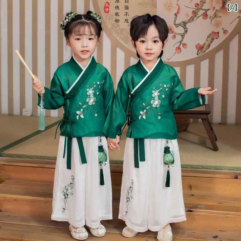 漢服 キッズ 男の子 女の子 中国風 唐装 セットアップ 薄手 シアー素材 長袖 花柄 撮影 イベント 発表会 衣装 春秋 コットンブレンド グリーン
