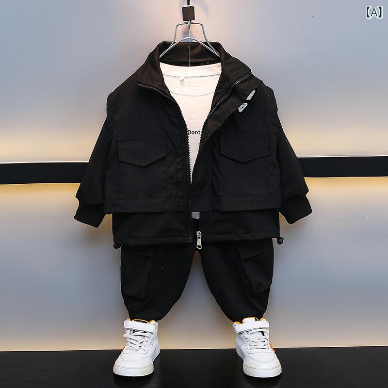 セットアップ 男の子 キッズ ボーイズ 秋物 スポーツ ストリート ヒップホップ ダンス カジュアル スタイリッシュ 2点上下 綿 コットン 長袖 ジップアップ パンツ ブラック 普段着