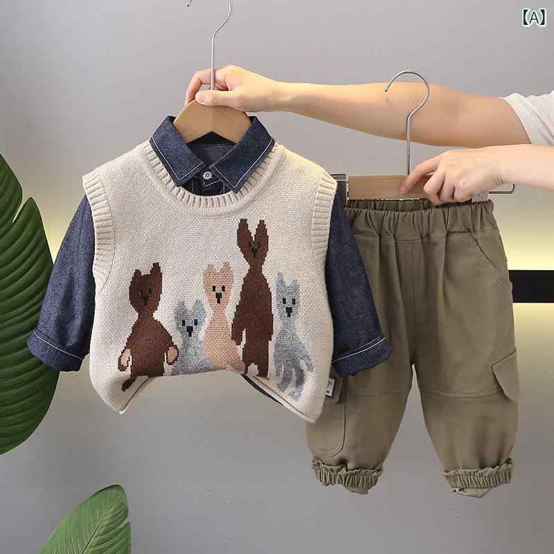 キッズ 男の子 ベビー 春秋 綿 コットン スリーピース セットアップ セーター ベスト パンツ 幼児向け 80cm 90cm 100cm カートゥーン柄 小動物柄 前開き カジュアル おしゃれ