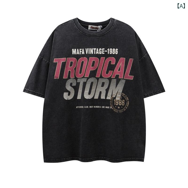 Tシャツ 男女兼用 ユニセックス ストリート系 ハイストリート ファッション ウォッシュ加工 ロゴプリント 半袖 コットン 綿 ゆったり オーバーサイズ ビッグシルエット クルーネック カジュアル 普段使い ペアルック 夏 黒 ブラック