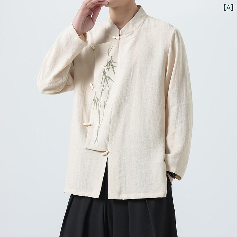 シャツ ユニセックス 中国風 枝折れ金竹柄 綿麻混紡 刺繍 木製ボタン ゆったり ビッグシルエット 長袖 スタンドカラー 春夏 カジュアル トップス