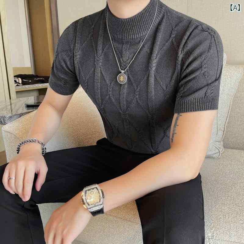 ニット メンズ 男性用 春夏 スリムフィット 半袖 ハーフネック モックネック ハイネック プルオーバー セーター 再生繊維混紡 通気性 日常使い カジュアル トップス グレー ブラック 4,562円