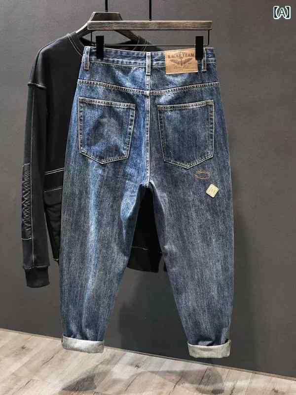 デニムパンツ メンズ 男性用 春秋 トレンド ルーズフィット テーパード ハイストリート スタイリッシュ レトロ ヴィンテージ 綿 コットン ダメージ加工 ストレッチ 普段使い 通勤 ロング丈 ミッドウエスト ブルー系
