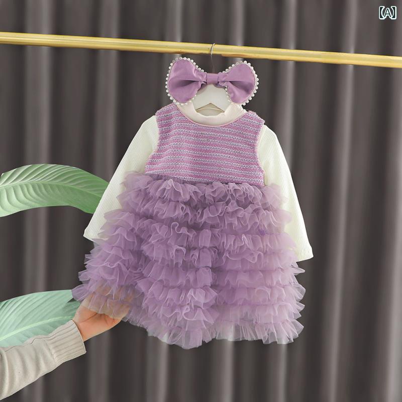 ドレス ベビー 女の子 1歳 春秋 プリンセス フォーマル セレモニー 結婚式 発表会 誕生日 ワンピース セットアップ おしゃれ かわいい コットン チュールスカート 切り替え 長袖