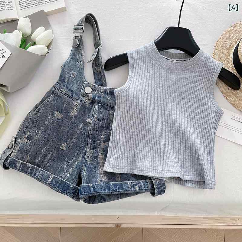キッズ 女の子 セットアップ 春夏 オーバーオール サロペット デニム ショートパンツ Tシャツ インナー 2点セット ノースリーブ 薄手 コットン ブルー カジュアル かわいい おしゃれ