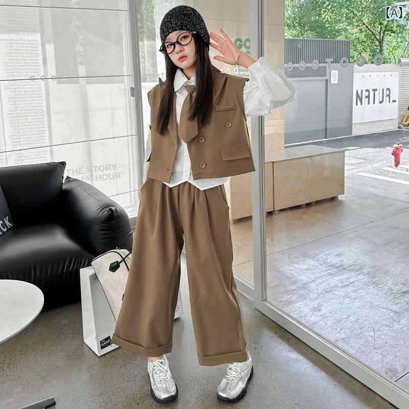 キッズ 女の子 秋冬 韓国風 スタイリッシュ 長袖 ジャケット ブレザー ベスト ジレ ロングパンツ 長ズボン スリーピース セットアップ ジュニア 通学 フォーマル 綿混 無地