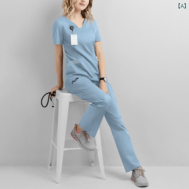 スクラブ レディース 女性用 半袖 Vネック セットアップ 医療用 看護師 医師 作業服 病院 ロングパンツ 吸湿速乾 ストレッチ ポリエステル ポリウレタン 春夏秋 4,453円
