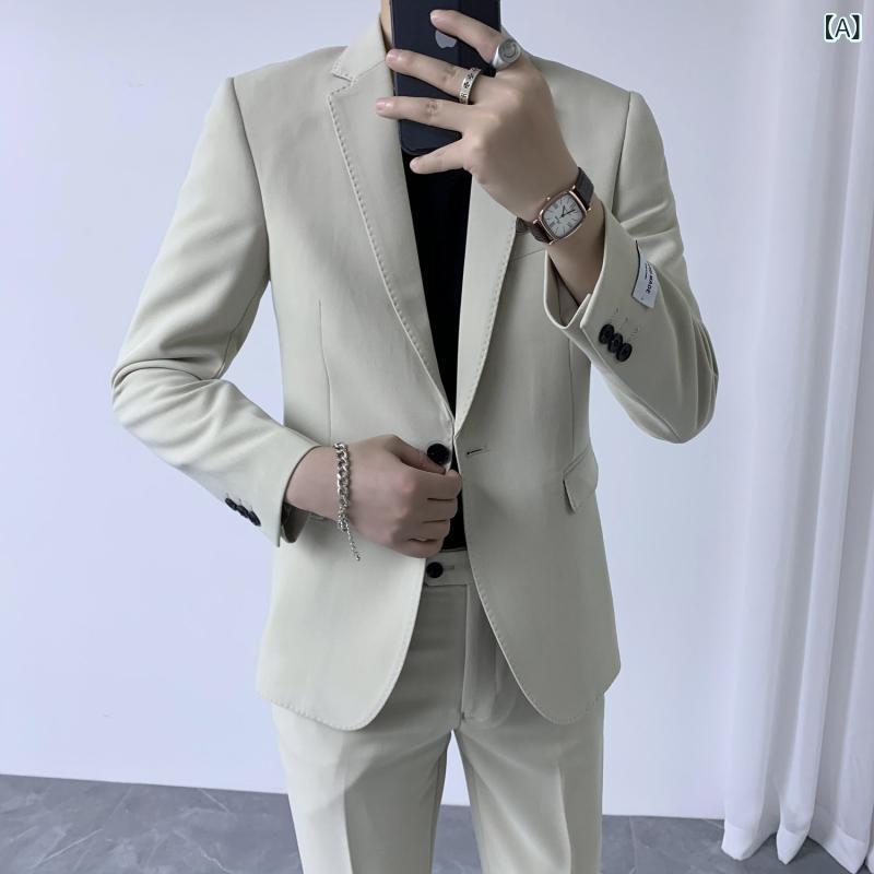 スーツ メンズ ワンボタン スリムフィット ツーピース セットアップ 無地 春夏 ビジネス 通勤 オフィス フォーマル 結婚式 パーティー きれいめ スタイリッシュ 再生繊維 ベージュ カーキ ダークグリーン スカイブルー