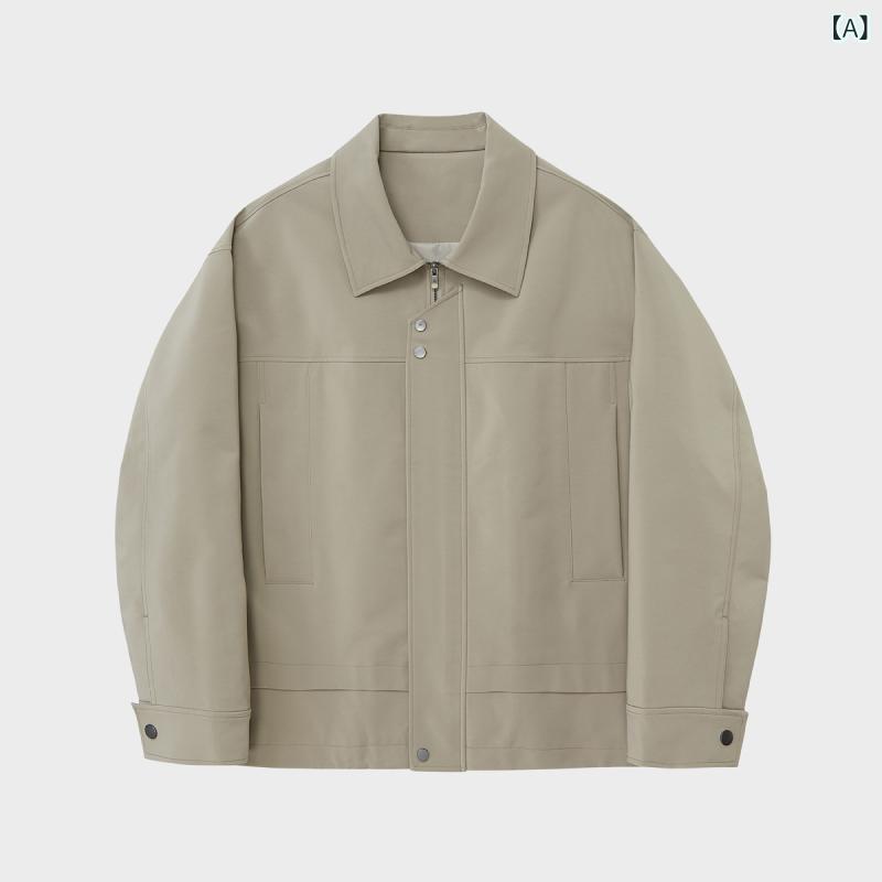 ジャケット メンズ オーバーサイズ スクエアカラー ダブル前立て ジップアップ 縦切り替え フラップポケット 高密度 ポリエステル混紡 春 カーキ ブラック カジュアル ストリート デイリーユース