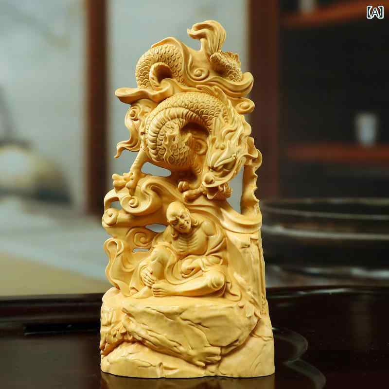 仏像 天然ツゲ木 黄楊木彫り 降龍羅漢 尊者 木製 中国風 精巧 細密彫刻 置物 工芸品 掌玩物 手のひらサイズ デスク飾り 書斎 リビング インテリア オブジェ 美術品
