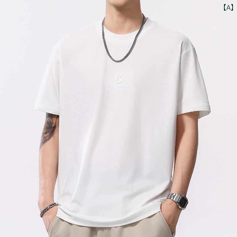 Tシャツ メンズ 春夏 再生繊維 シルク混 ナイロン 薄手 軽量 接触冷感 吸湿速乾 ストレッチ ゆったり ルーズフィット ドロップショルダー クルーネック 半袖 刺・墸 ワンポイント 大きいサイズ カジュアル 普段使い トップス