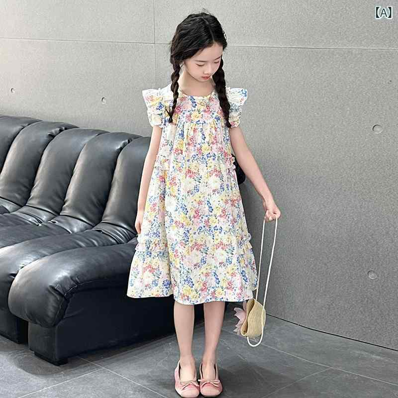 ワンピース 女の子 キッズ ジュニア 夏 韓国風 リゾート ビーチ フリル袖 小花柄 コットン Aライン カジュアル