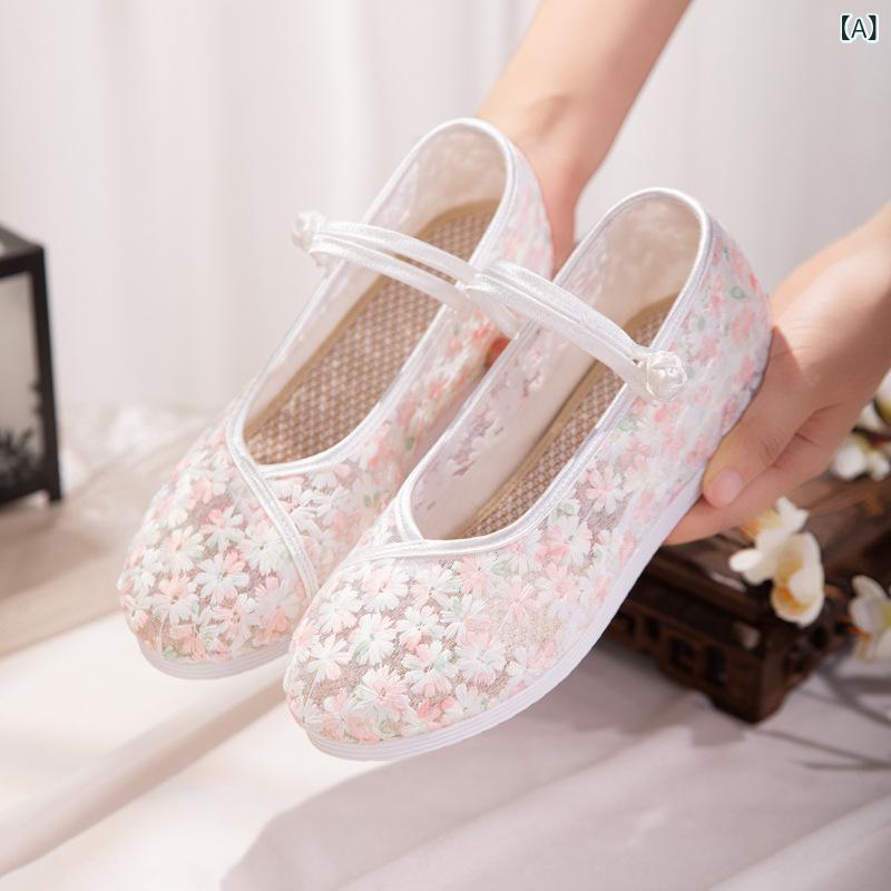 布靴 レディース 民族風 チャイナドレス風 レトロ ビンテージ メッシュ 刺繍 花柄 ローヒール ぺたんこ スリッポン ラウンドトゥ 通気性 春夏秋 普段使い お出かけ 上品 エレガント かわいい フラットシューズ ピンク グリーン ブルー