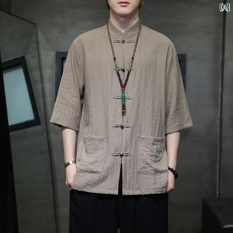 シャツ メンズ 中国風 唐装 漢服 綿麻 リネン素材 半袖 スタンドカラー ゆったり 無地 薄手 吸湿速乾 ポケット付き カジュアル 普段着 春夏