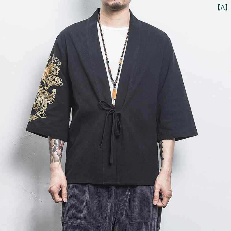 羽織り メンズ 男性用 中国風 龍刺繍 漢服 道袍スタイル 綿麻 コットンリネン ビッグサイズ ゆったり レトロ カーディガン 春夏