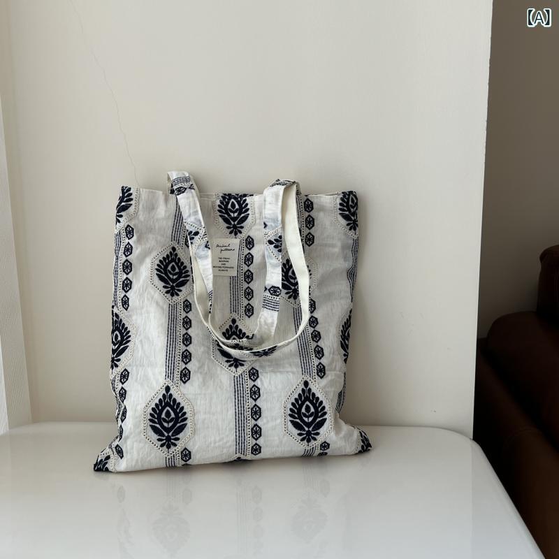トートバッグ 綿麻 帆布 刺繍 肩掛け 普段使い 日常使い 縦型 スクエア型 ソフト エスニック アート風 個性的 幾何学模様 ペイズリー柄 春夏