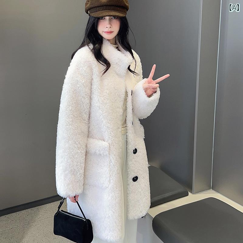 コート レディース ラムムートン 純羊毛 スタンドカラー ロング丈 新型 高級感 質感 通勤 きれいめ スエード調 秋冬 ホワイト ダークグレー