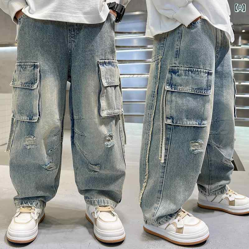 キッズ 男の子 デニムパンツ カーゴパンツ ダメージ加工 ゆったり ルーズ ストレート コットン ソフトタッチ ウエストゴム ハイウエスト K-POPスタイル ストリート系 通学 普段使い 春秋 ロング