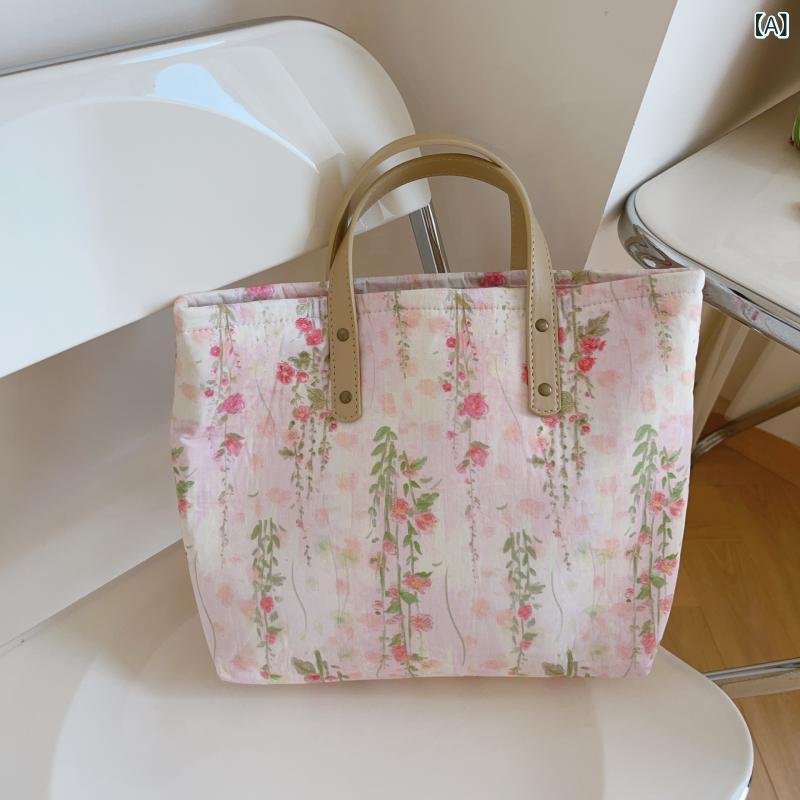 トートバッグ レディース 春夏 小花柄 ミニスクエアトート キャンバス ピンク ブルー 厚手 自立 普段使い 鞄