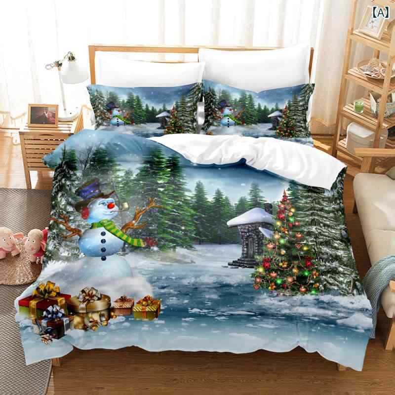 寝具カバーセット クリスマス ホリデー ベッドリネン 布団カバー フラットシーツ 枕カバー ポリエステル キルティング 幾何学模様 アメリカンスタイル 冬