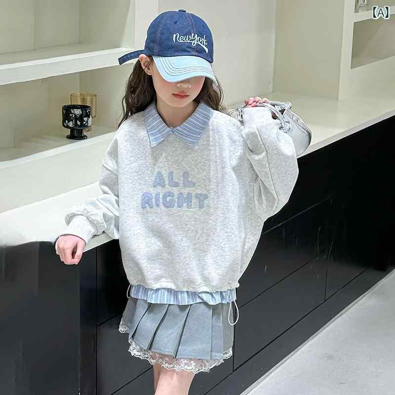 キッズ 女の子 ジュニア 重ね着風 シャツ襟 トレーナー スウェット 長袖 綿 コットン 韓国風 おしゃれ シンプル 無地 レタープリント 着回し トップス 春夏 白 グレー 4,412円