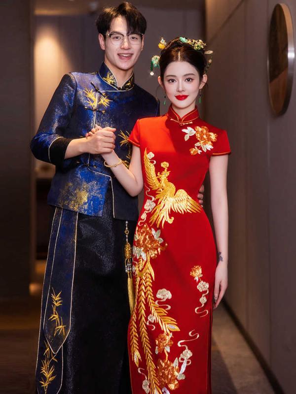 秀禾服 レディース 結婚式 披露宴 敬酒服 豪華刺繍 チャイナドレス 中式 新婦 婚礼 龍鳳掛 立ち襟 半袖 ウェディング ドレス 上品 高級感 春夏 華やか レッド｜ラ・グラーヌ