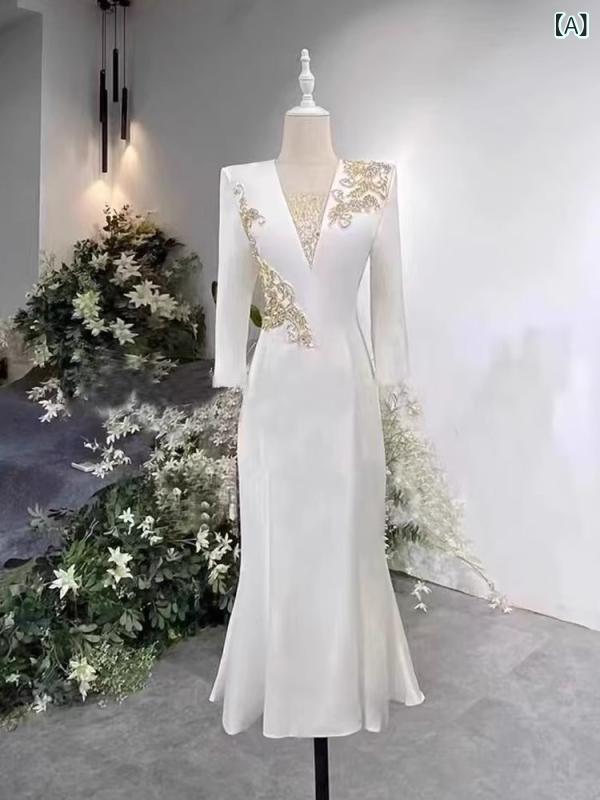ドレス レディース 白 演奏会 発表会 コンサート ステージ 独唱 司会 歌手 結婚式 披露宴 パーティー ロング丈 Vネック 長袖 ハイウエスト 立体モチーフ 高級感 上品 エレガント 華やか ライトラグジュアリー 個性的