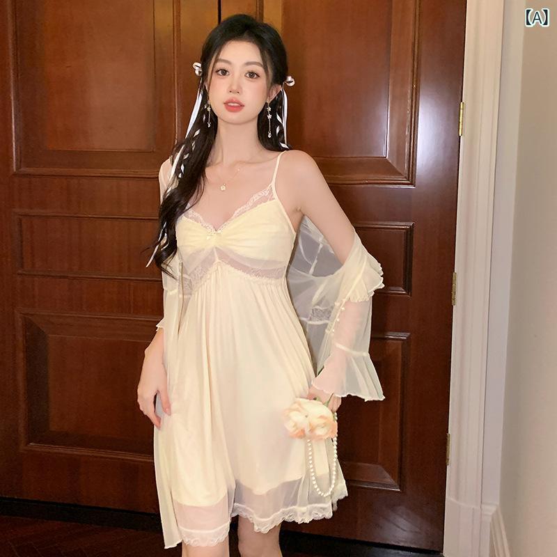 ネグリジェ レディース 2点セット キャミソールワンピース ガウン シースルー メッシュ レース セクシー 大人かわいい フェミニン フレンチスタイル 春夏 ベージュ ルームウェア 部屋着 リラックス 快適