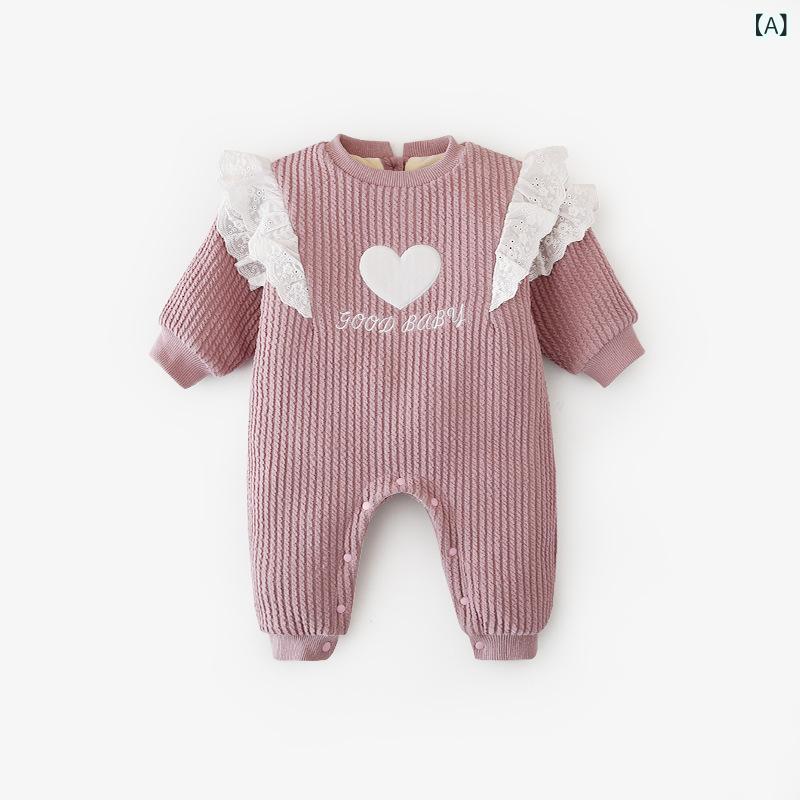 ロンパース 女の子 ベビー 長袖 フリル袖 メローフリル 裏起毛 厚手 あったか 保温 防寒 綿混 コットン 前開き スナップボタン 韓国風 新生児～1歳 冬 カバーオール パープル ピンク