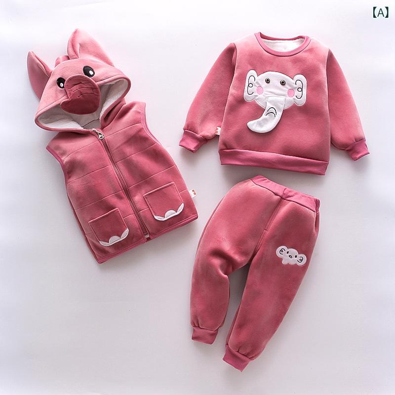 キッズ 男の子 女の子 兼用 ベロア スウェット上下 3点セット 秋冬 厚手 裏起毛 キャラクター柄 アニマル かわいい 子供服