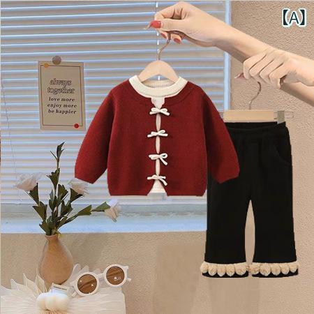 キッズ 女の子 秋冬 韓国風 おしゃれ かわいい フェイクレイヤード ニットトップス 裏起毛 パンツ 2点セット 厚手 暖かい 長袖 プルオーバー アクリル 無地 お出かけ 普段使い