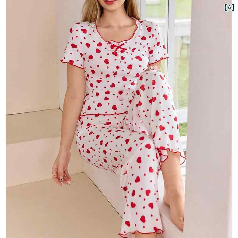 パジャマ レディース 女性用 かわいい ハート柄 プリント Vネック 半袖 ロングパンツ 2点セット 欧米風 快適 通気性 伸縮性 カジュアル ルームウェア 部屋着 おうち時間 お泊り 旅行 夏 レッド 中厚手