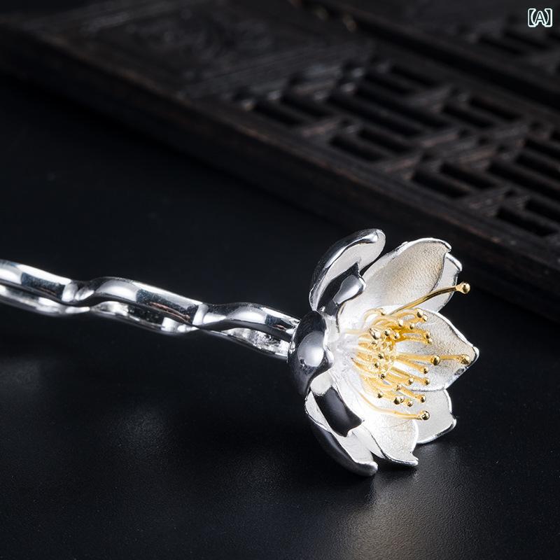 髪飾り レディース 925シルバー 銀製 レトロ アンティーク 蓮 ロータス 花モチーフ シンプル エレガント 上品 古風 宮廷 チャイナ 和装小物 ヘアアクセサリー かんざし