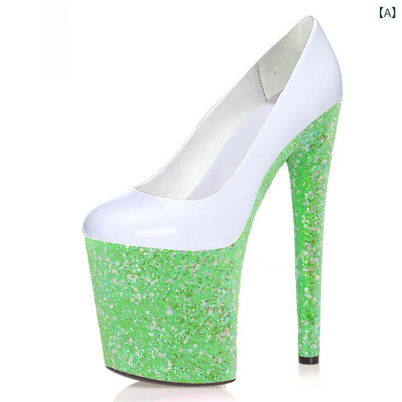 パンプス レディース 女性用 20cmヒール 超厚底 ストーム グリッター ラメ スパンコール ポールダンス ハイヒール ラウンドトゥ 細ヒール アンクルストラップ セクシー ナイトワーク キャバ嬢 パーティー イベント ステージ ショー ドレス 脚長効