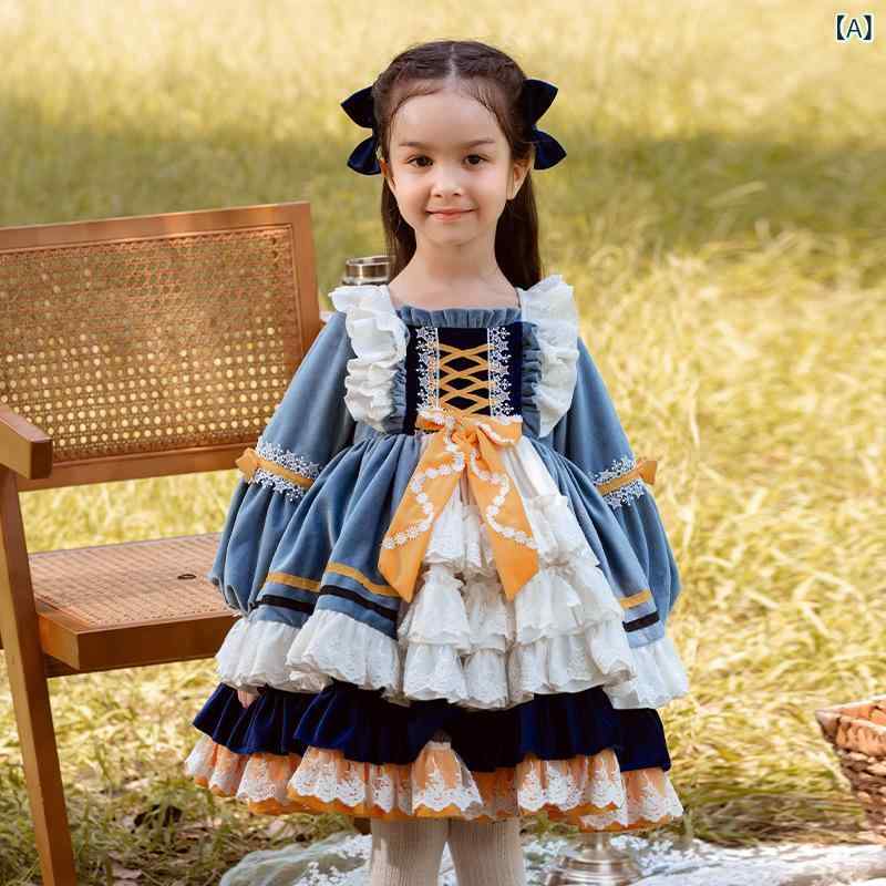 衣裳 キッズ お嬢さん ロリータ 御姫様お召しもの 天鵞絨 綿織物 長袖 ふんわり 太陽フレア A伝達ルート 愛くるしい 寄りあい お出かけ 青色 秋冬