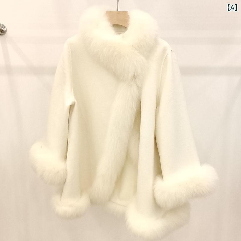ケープコート レディース フォックスファー ポンチョ ショール ウール カシミヤ ダブルフェイス ミドル丈 長袖 ハイネック 高級感 上品 秋冬 アウター|ラ・グラーヌ