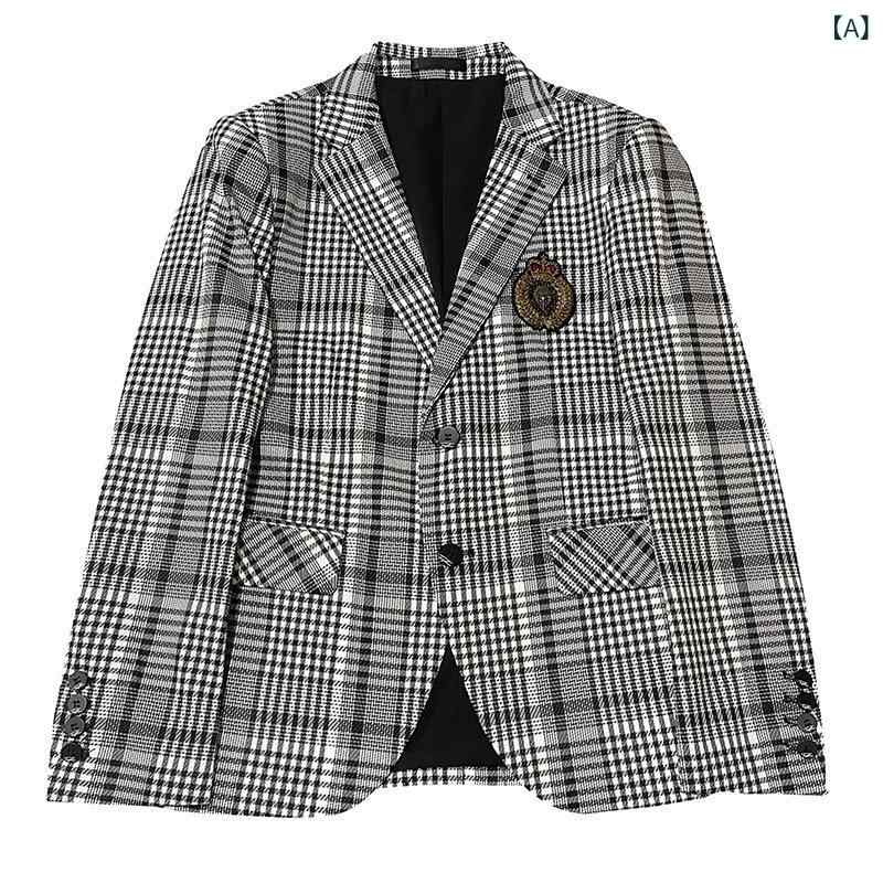 ジャケット メンズ 男性用 チェック柄 グレンチェック スリムフィット 細身 ビジネス カジュアル ビジカジ オフィス 通勤 普段使い 2つボタン シングル 刺繍 ポリエステル混紡 秋冬｜ラ・グラーヌ