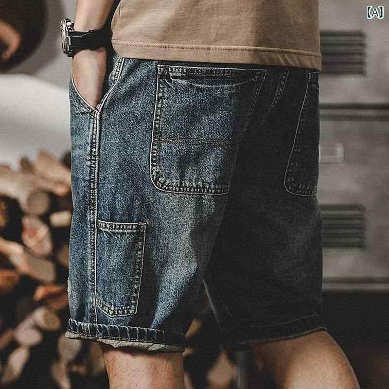 ショートパンツ メンズ ハーフパンツ デニム 薄手 ストレート ゆったり ダメージ加工 膝丈 浅いブルー 夏 カジュアル 韓国風 トレンド 着回し 微ストレッチ