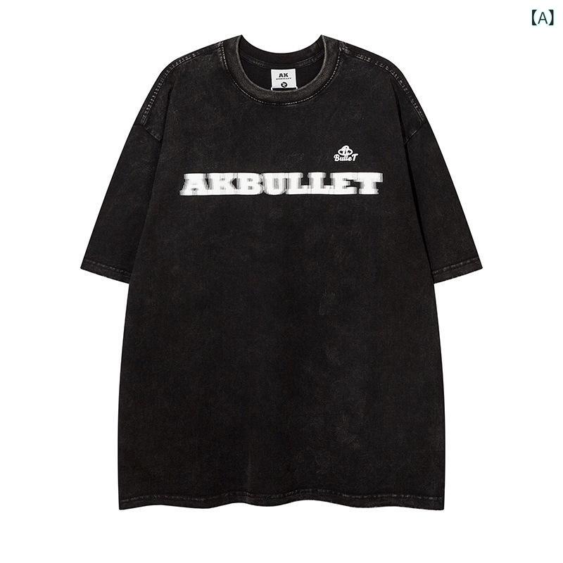 Tシャツ メンズ 男性用 半袖 アメリカン レタープリント ウォッシュ加工 クルーネック ゆったり ビッグシルエット ストリートファッション コットン 通気性 春夏 トップス