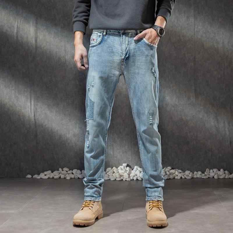 デニムパンツ メンズ ミディアムブルー コットン ストレッチ スリムストレート テーパード 薄手 高級感 春夏 普段使い カジュアル ボトムス 男性用