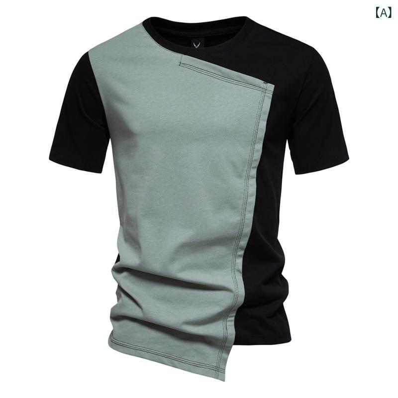 Tシャツ メンズ 男性用 半袖 ショートスリーブ クルーネック アシンメトリー 切り替え 配色デザイン コットンブレンド 綿混素材 ゆったり ルーズフィット オーバーサイズ 薄手 春夏 ストリート系 カジュアル トップス ブラックグリーン
