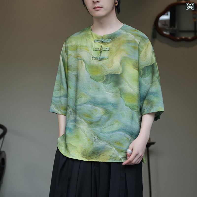 Tシャツ メンズ 春夏 中国風 中華風 レトロ ビンテージ プリント 半袖 五分袖 トップス カジュアル 普段使い ルーズフィット ラウンドネック 薄手 リネン コットンブレンド 大きいサイズ