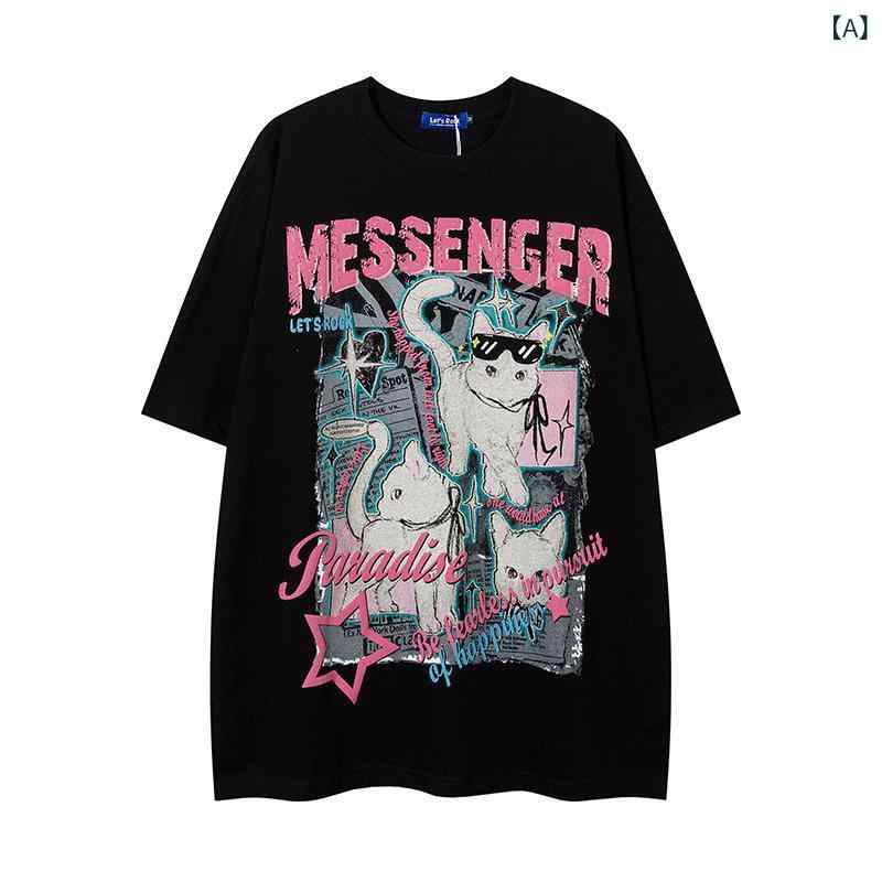 Tシャツ 男女兼用 ユニセックス アメカジ ストリート カートゥーン 猫 プリント ビッグシルエット ゆったり 半袖 クルーネック コットン カジュアル 夏服