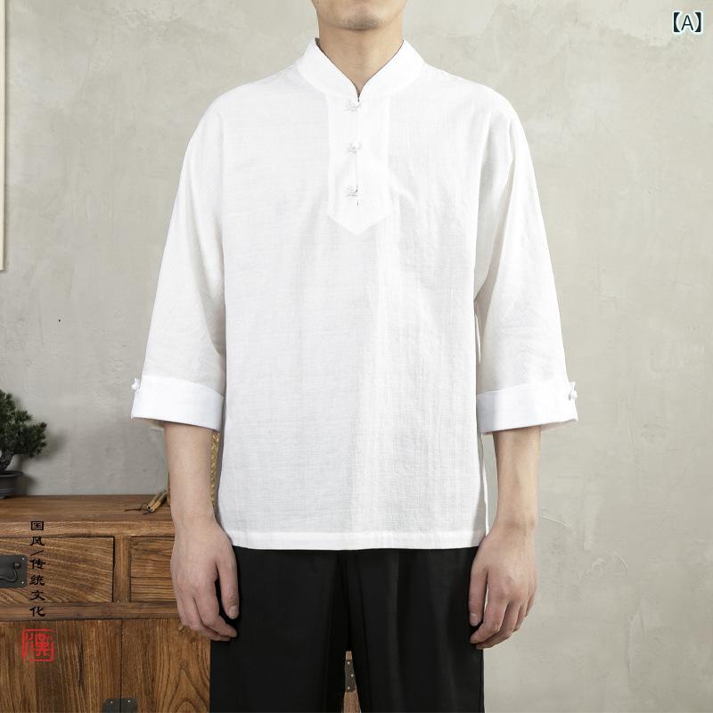 Tシャツ メンズ 男性用 トップス 七分袖 スタンドカラー 立ち襟 綿麻 チャイナ風 ゆったり ビッグシルエット カジュアル 普段使い 部屋着 リラックス 春夏 涼しい 吸湿速乾 通気性 無地