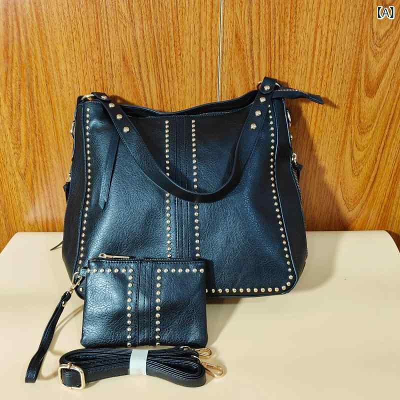 バッグ レディース 女性用 スタッズ トートバッグ 親子バッグ バケット型 PUレザー 斜め掛け 肩掛け 欧米風 レトロ ヴィンテージ風 秋冬 中型 普段使い ブラック レッド ブラウン ファスナー開閉 内ポケット 間仕切り