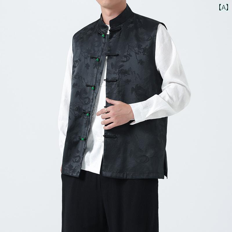 ベスト メンズ 秋冬 中国風 レトロ クラシック チャイナボタン 唐装 漢服 ゆったり 大きいサイズ トレンド カジュアル コーデュロイ 鳳凰柄 竹柄