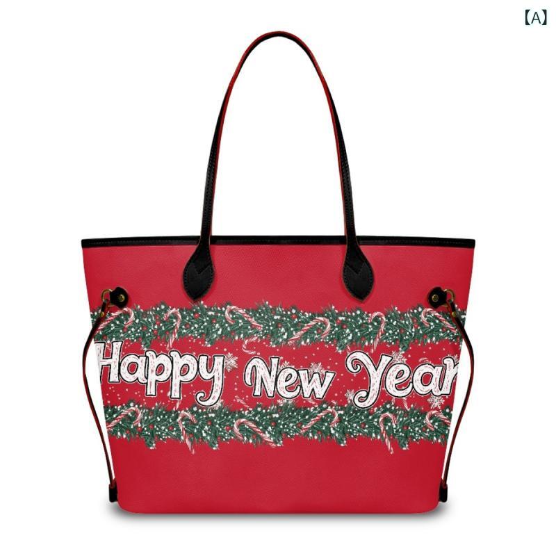 バッグ レディース 女性用 Happy New Year メッセージプリント レトロ PUレザー 通勤 ビジネス オフィス 日常使い デイリーユース 横型 スクエア 大容量 ダブルハンドル ファスナー開閉 鞄