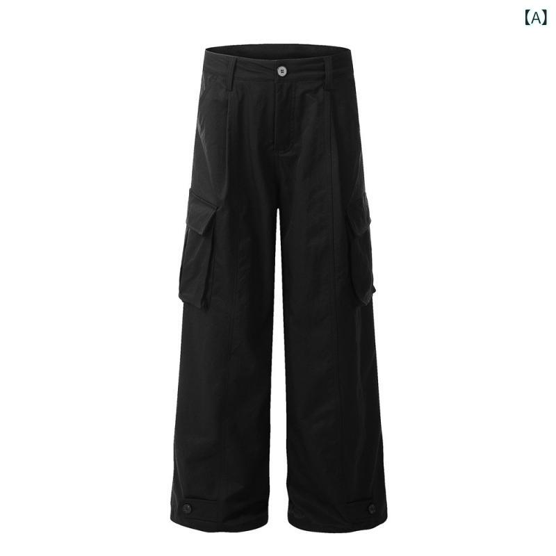 カーゴパンツ メンズ 無地 ポリエステル 麻混 通気性 ワイドストレート ビッグシルエット ゆったり ストリート ヒップホップ カジュアル ロング丈